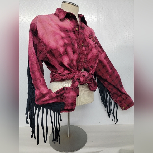 Iron Wheels Moto Flannel Shirt Shacket Harley Davidson Patch & Fringe Upcycled - Picture 7 of 13